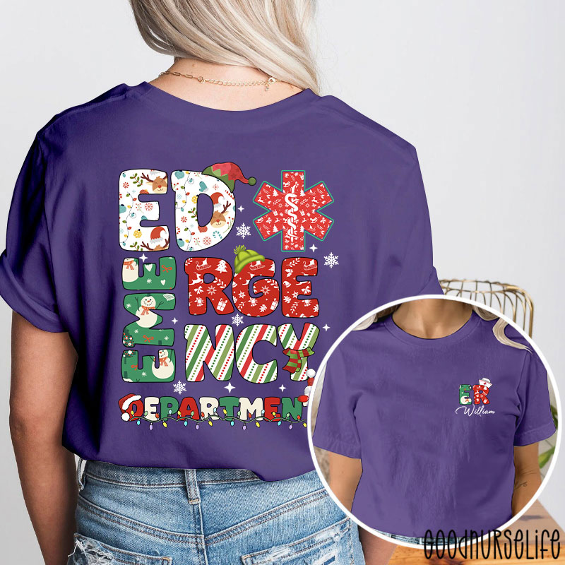 Personalized Festive ED Urgency Nurse Two Sided T-Shirt