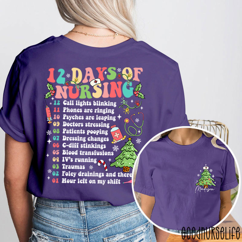 Personalized 12 Days Of Nursing Festive Checklist Nurse Two Sided T-Shirt
