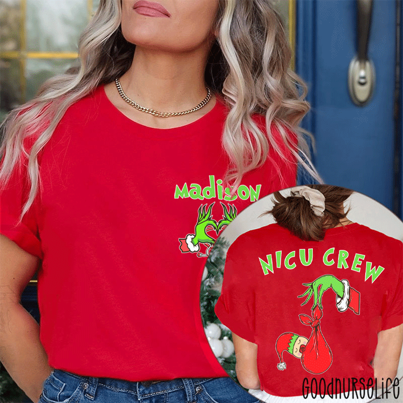 Personalized Name Holiday NICU Crew Nurse Two Sided T-Shirt