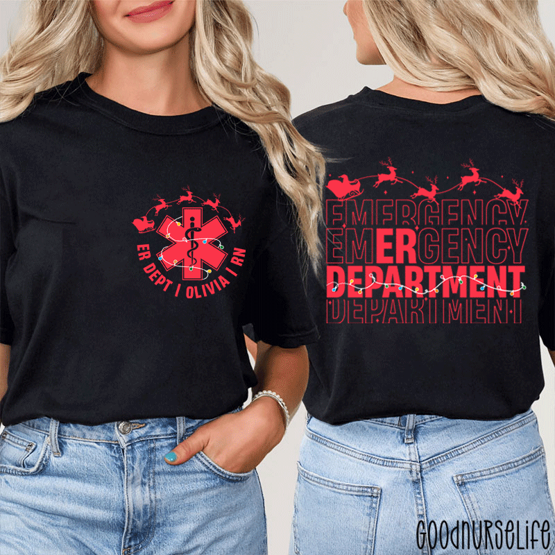 Personalized Christmas Emergency Department Nurse Two Sided T-Shirt
