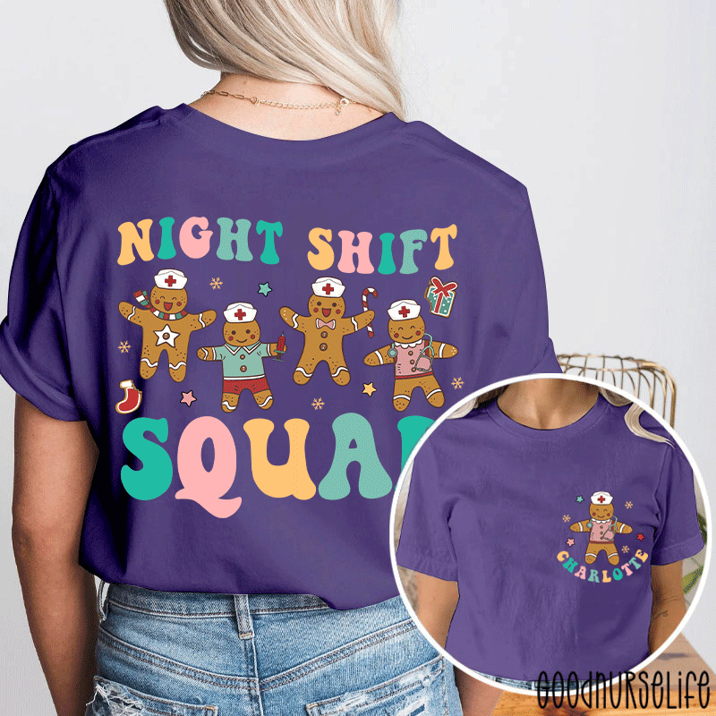 Personalized Night Shift Squad Gingerbread Nurse Two Sided T-Shirt