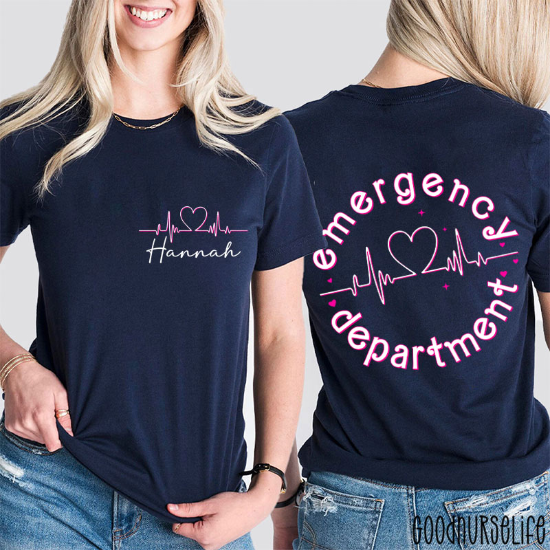 Personalized Name Heart Emergency Department Nurse Two Sided T-Shirt