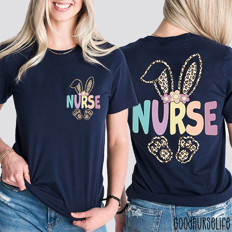 Leopard Bunny Hoppy Easter Nurse Two Sided T-Shirt