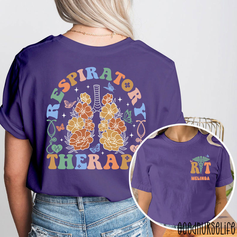 Personalized Name Flower Respiratory Therapy Two Sided T-Shirt