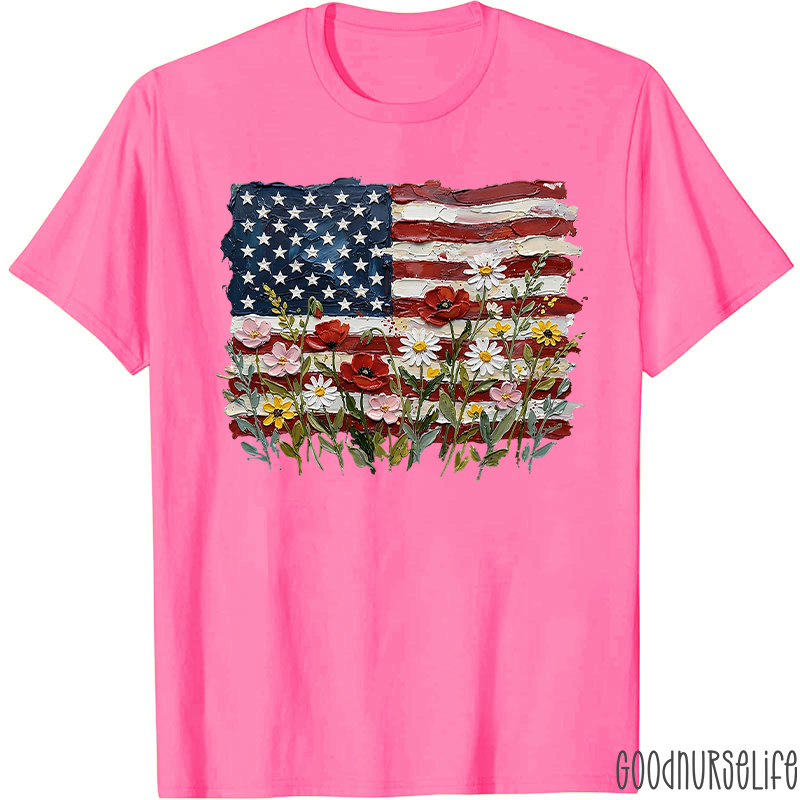 American Flag Floral Nurse T-Shirt