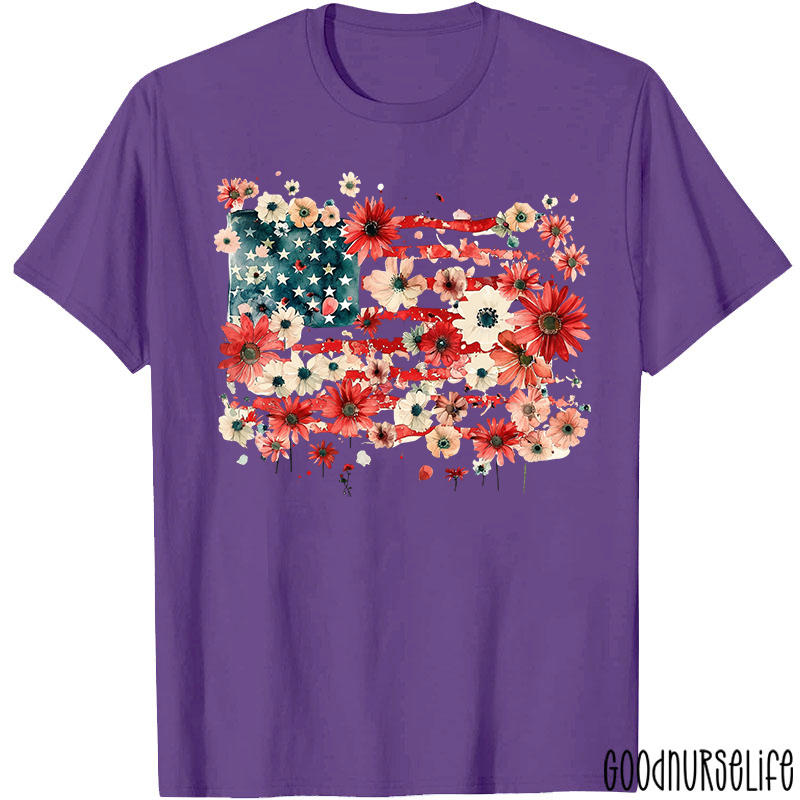 American Flag Floral Nurse T-Shirt