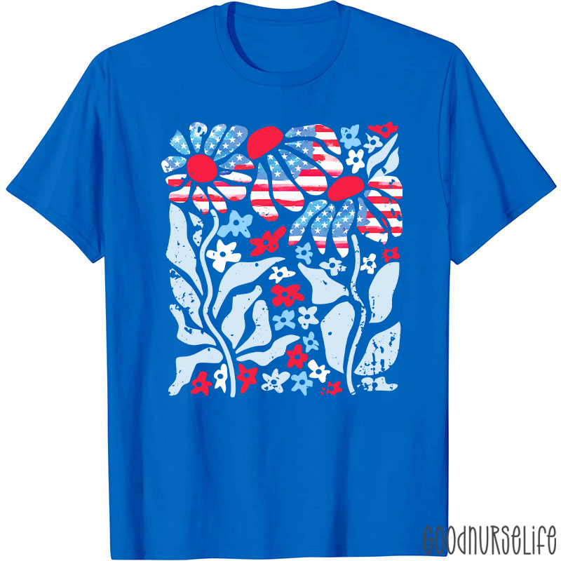 Boho Patriotic Daisy American Flag Floral Nurse T-Shirt