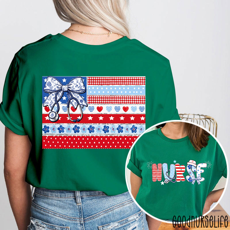 American Flag Floral Nurse Two Sided T-Shirt