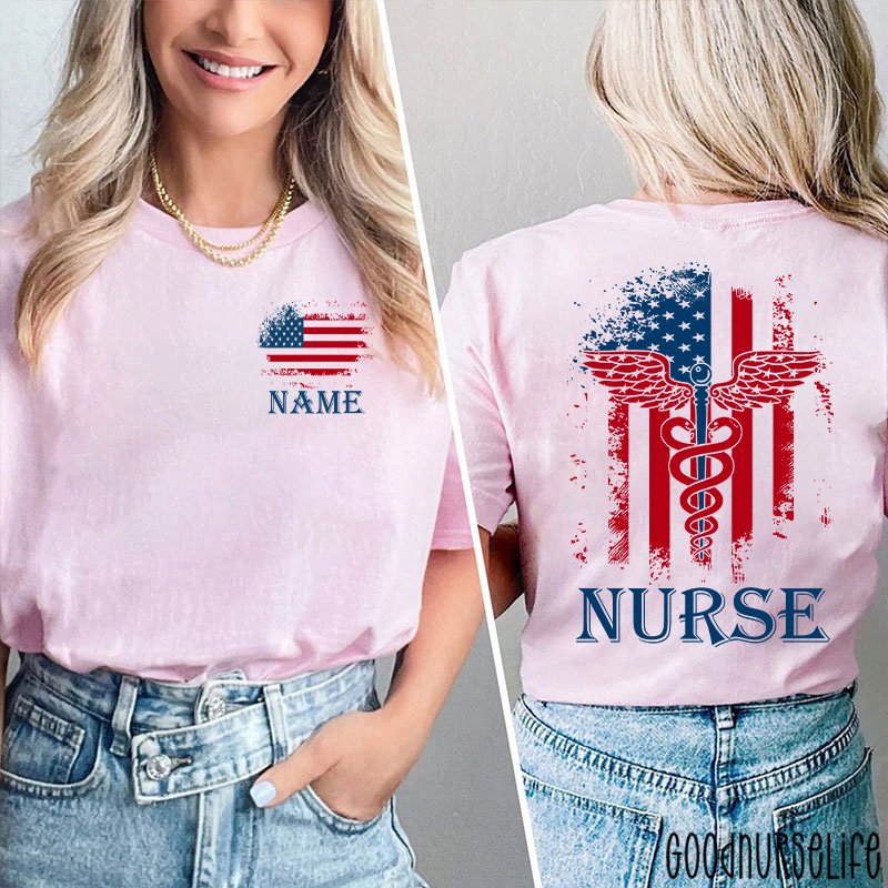 Personalized Name American Flag 4th Of July Nurse Two Sided T-Shirt