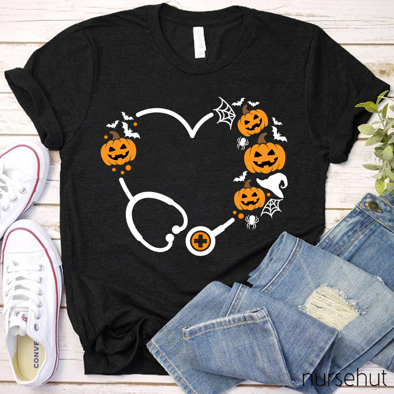 Halloween Pumpkin Stethoscope Heart Nurse T-Shirt