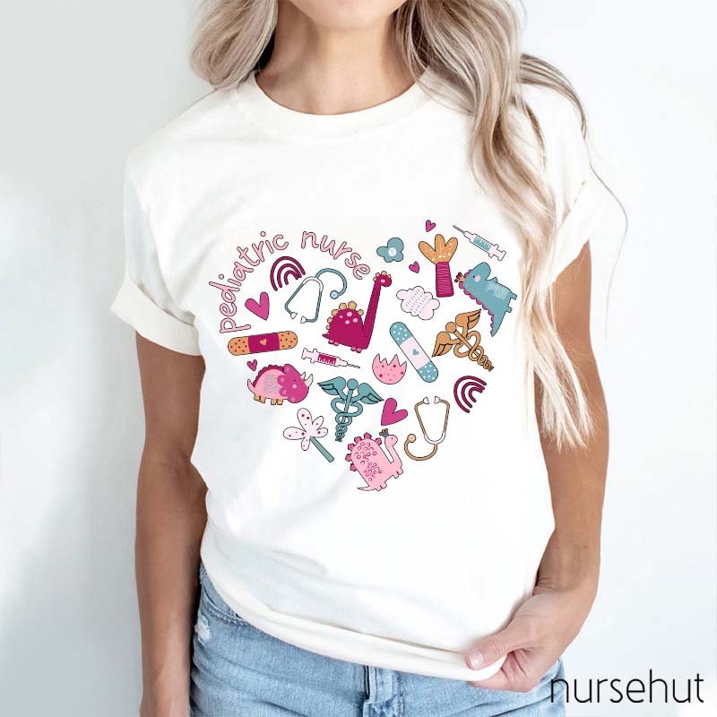 Cartoon Dinosaur Turtle Giraffe Pediatric Registered Nurse T-Shirt