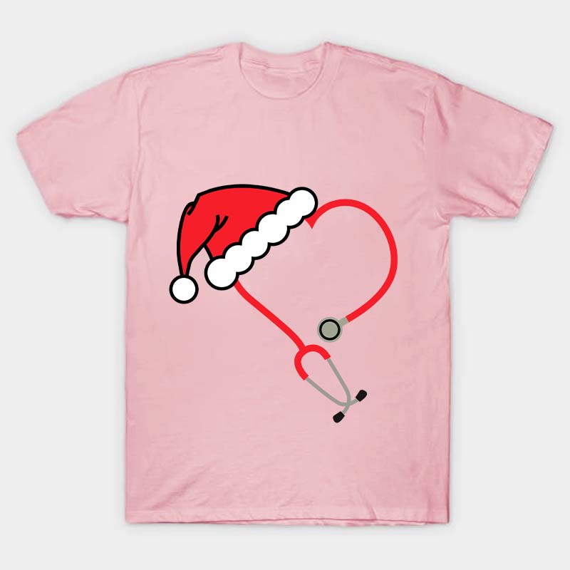 Heart Shaped Stethoscope With Santa Hat Nurse T-Shirt
