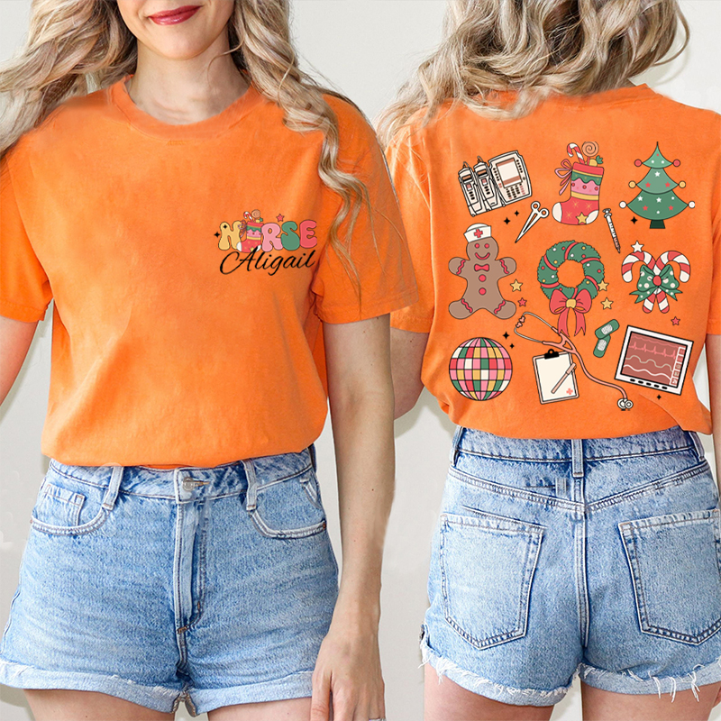 Personalized Name Merry Christmas Nurse Two Sided T-Shirt