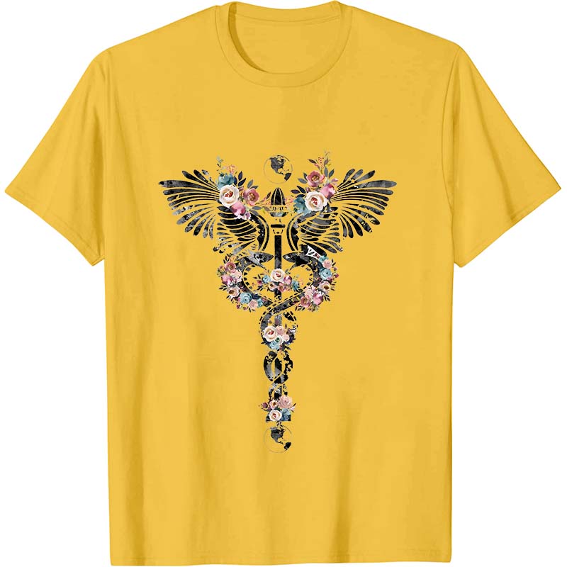 Floral Rod Of Asclepius Nurse T-Shirt