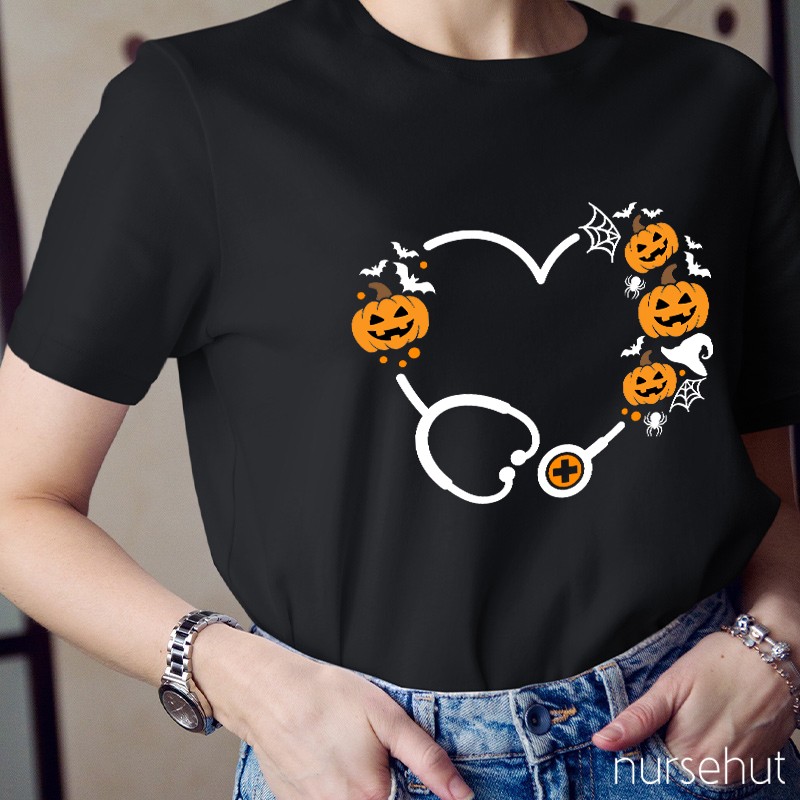 Halloween Pumpkin Stethoscope Heart Nurse T-Shirt