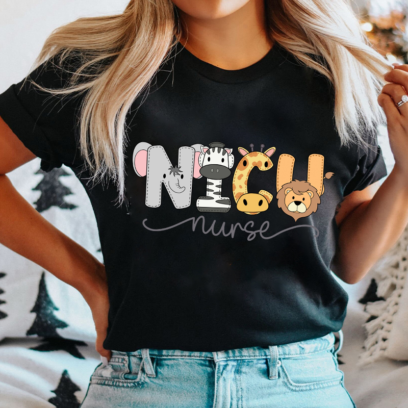 NICU Cartoon Zoo Animals Nurse T-Shirt