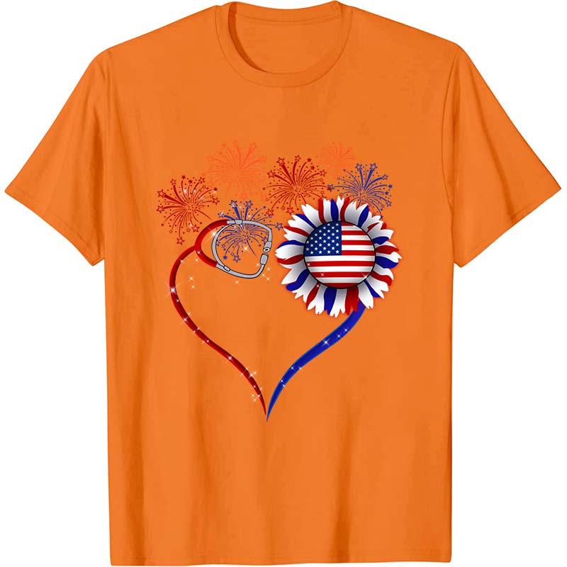 Fireworks Sunflower Stethoscope Nurse T-Shirt