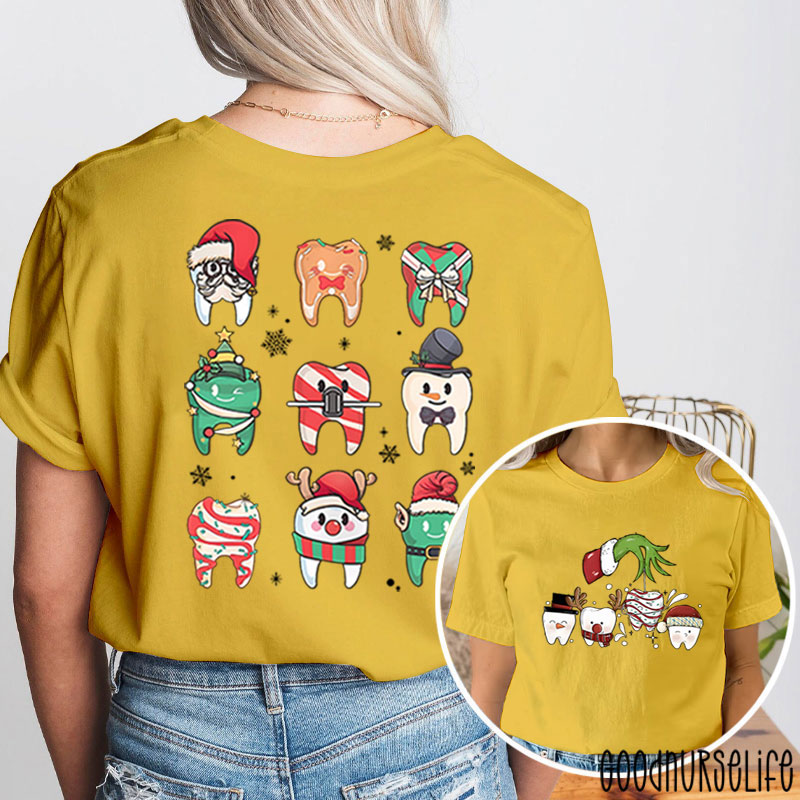 Santa Teeth Green Hand Christmas Nurse Two Sided T-Shirt