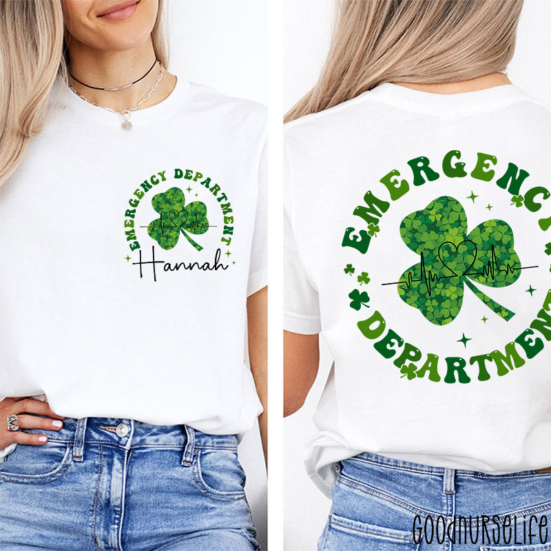 Personalized Green Clover Emergency Department Nurse Two Sided T-Shirt
