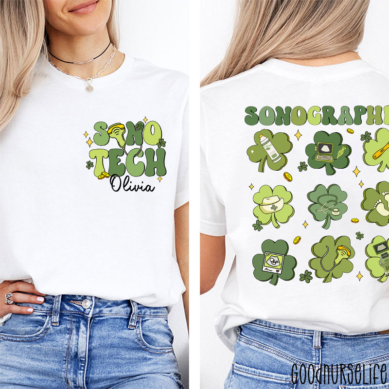 Personalized Name Sonographer St. Patrick's Day Nurse Two Sided T-Shirt