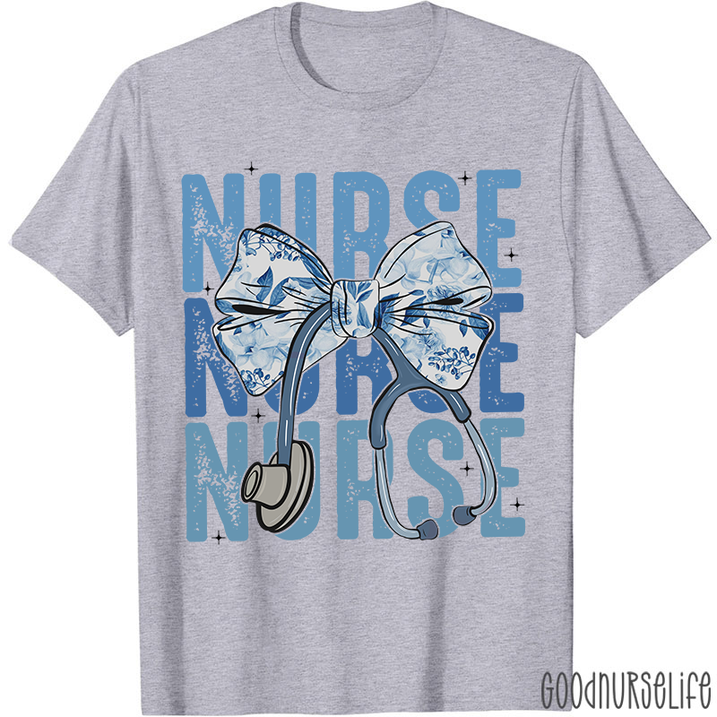 Blue Flowers Stethoscope Nurse T-Shirt