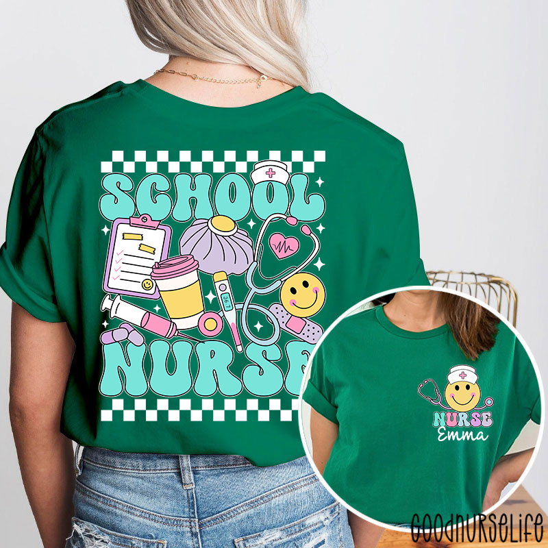 Personalized Checkerboard Smiley Face School Nurse Two Sided T-Shirt