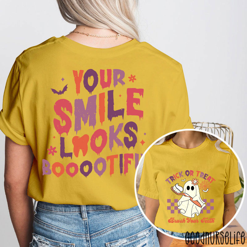 Trick Or Treat Brush Your Teeth Dentist Halloween Two Sided T-Shirt