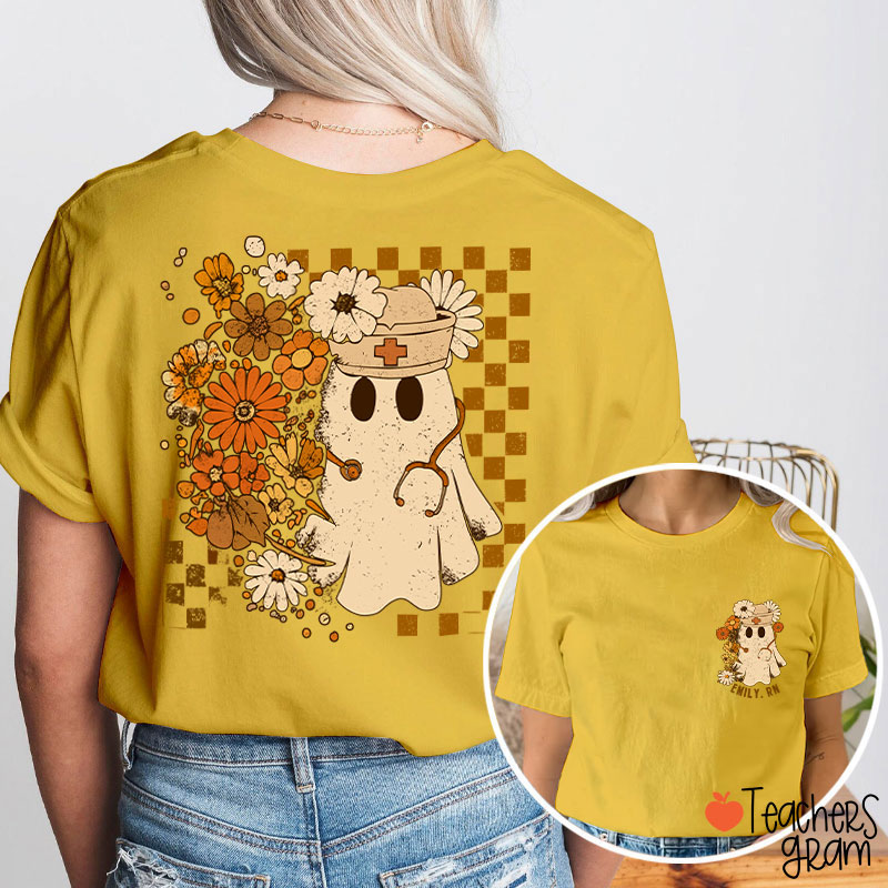 Personalized Checkerboard And Flower Ghost Nurse Two Sided T-Shirt