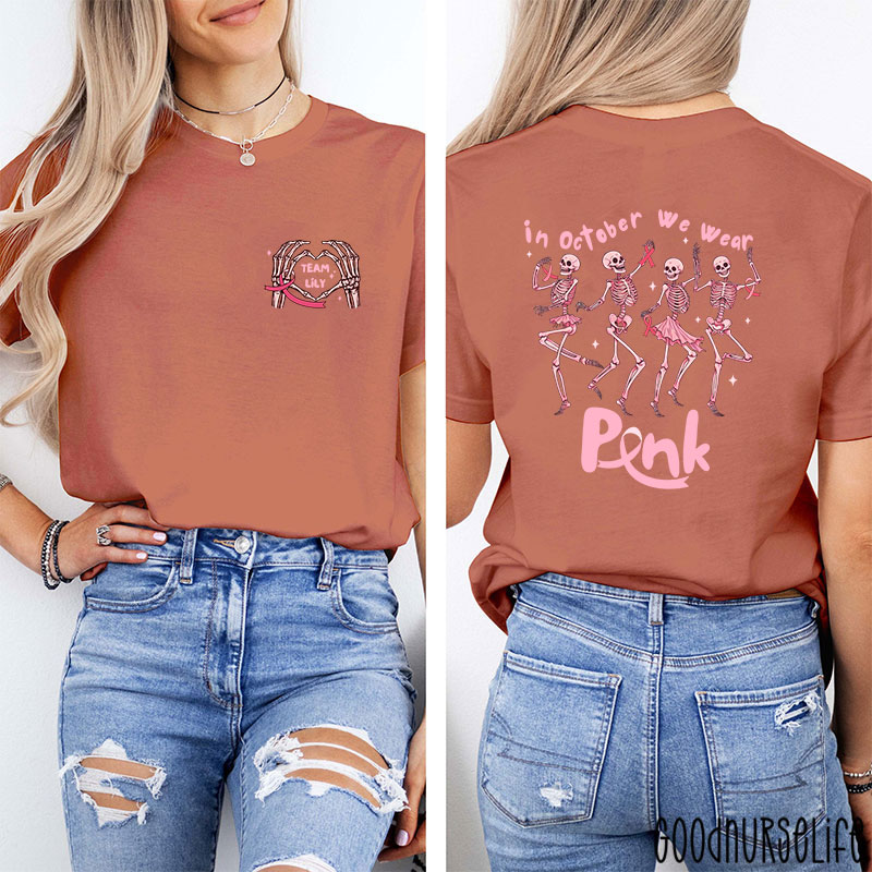 Personalized Dancing Skeletons For Breast Cancer Awareness Nurse Two Sided T-Shirt