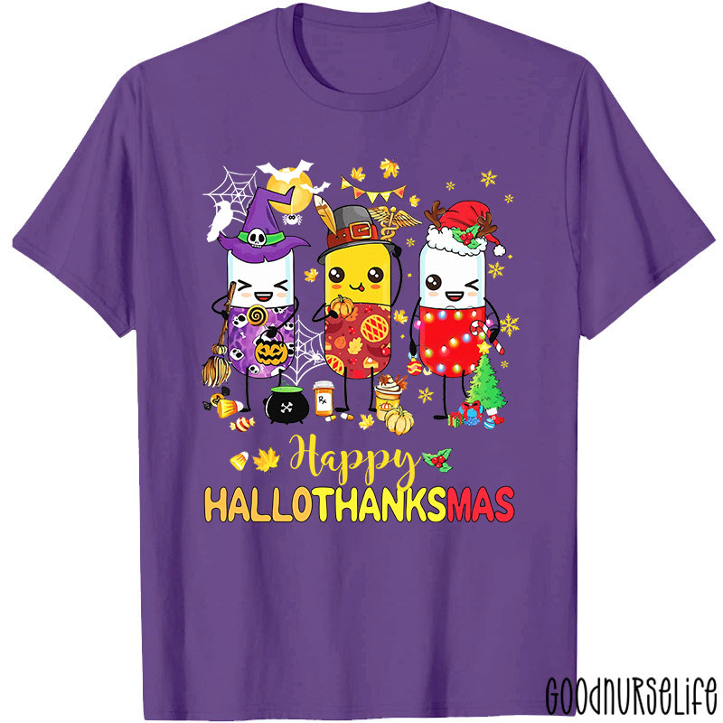 Pharmacy Holiday HalloThanksMas Pill Characters T-Shirt
