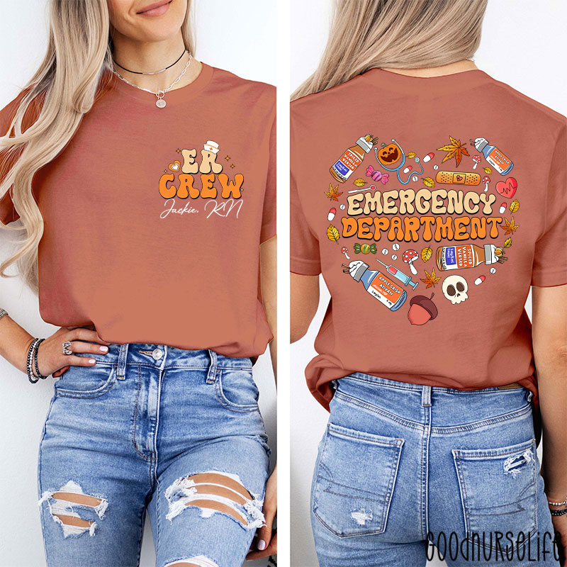 Personalized Autumn Heart Emergency Department Nurse Two Sided T-Shirt