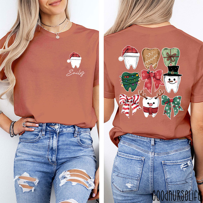 Personalized Christmas Dental Festive Tooth Nurse Two Sided T-Shirt
