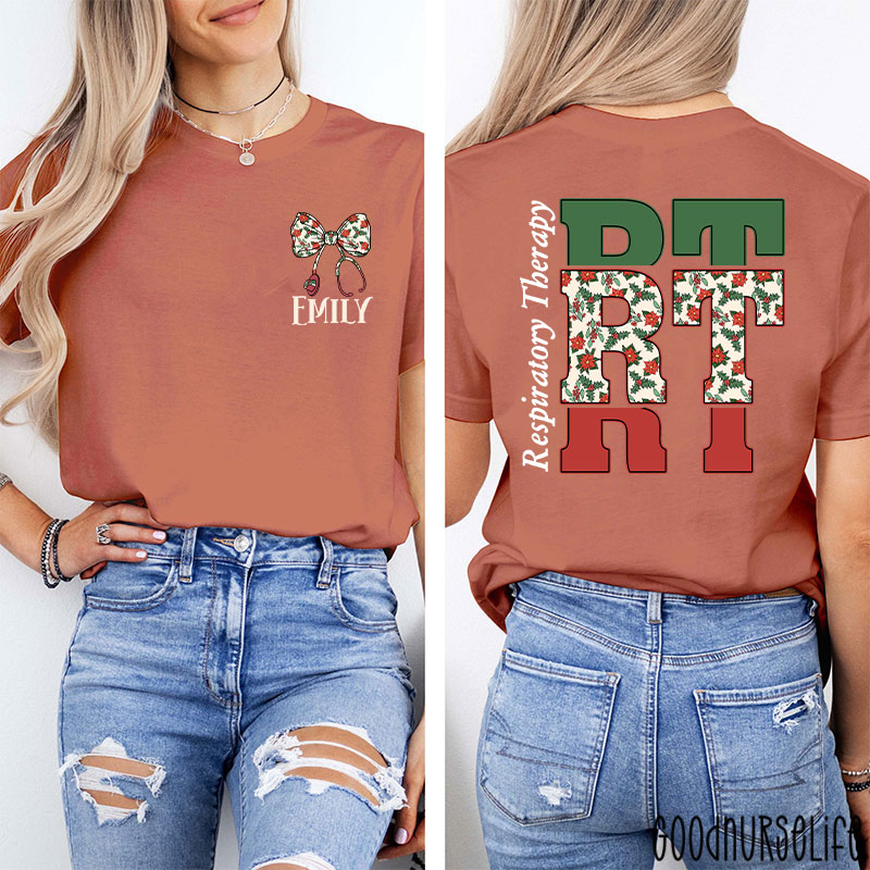 Personalized Christmas Bow And Stethoscope Christmas Floral Nurse Two Sided T-Shirt