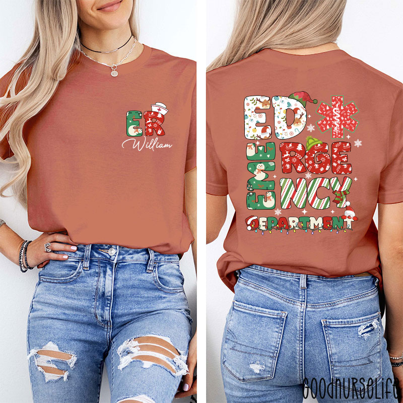 Personalized Festive ED Urgency Nurse Two Sided T-Shirt