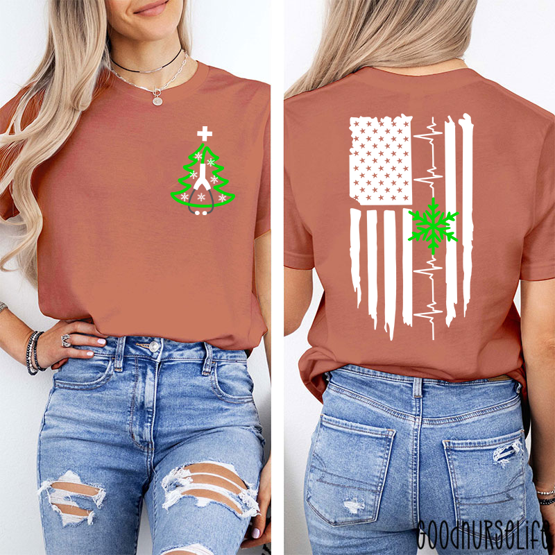 Christmas Medical American Flag Snowflake Two Sided T-Shirt