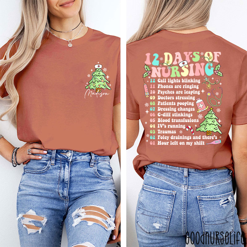 Personalized 12 Days Of Nursing Festive Checklist Nurse Two Sided T-Shirt