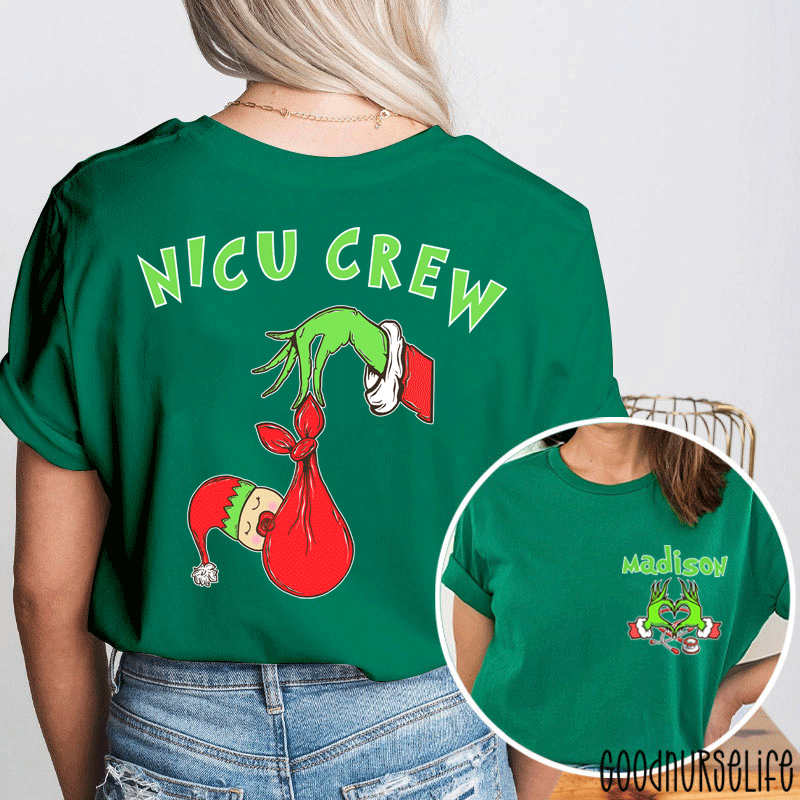 Personalized Name Holiday NICU Crew Nurse Two Sided T-Shirt