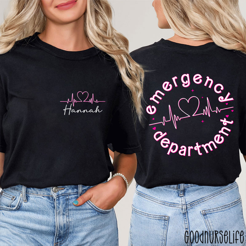 Personalized Name Heart Emergency Department Nurse Two Sided T-Shirt