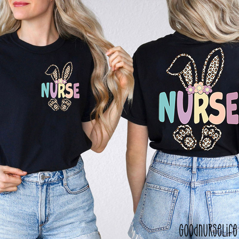 Leopard Bunny Hoppy Easter Nurse Two Sided T-Shirt