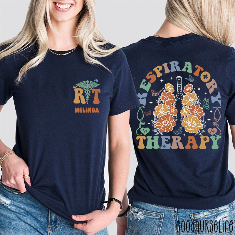 Personalized Name Flower Respiratory Therapy Two Sided T-Shirt