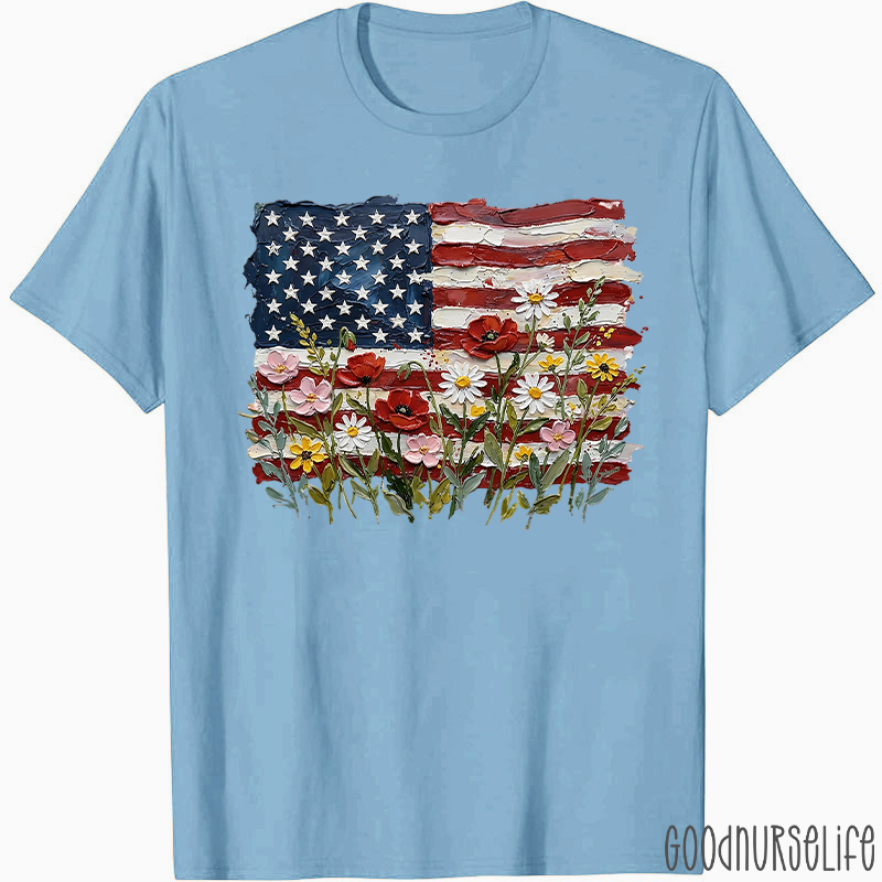 American Flag Floral Nurse T-Shirt