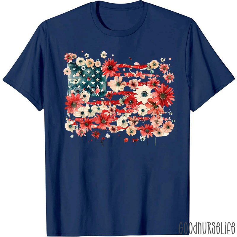 American Flag Floral Nurse T-Shirt
