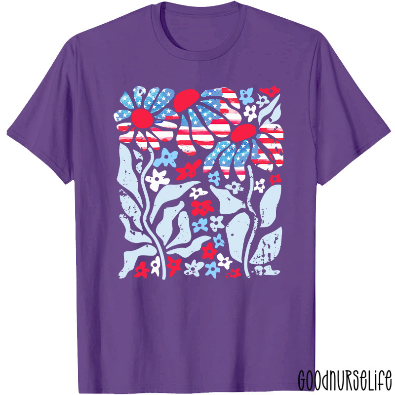 Boho Patriotic Daisy American Flag Floral Nurse T-Shirt