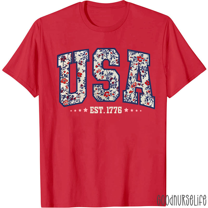 Retro Floral USA Nurse T-Shirt