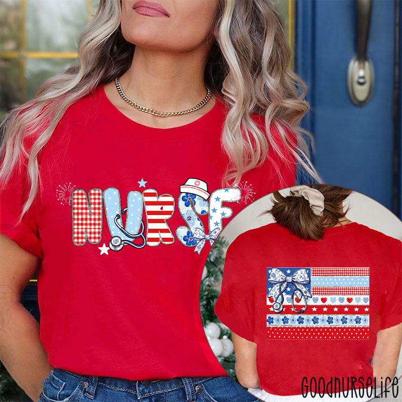 American Flag Floral Nurse Two Sided T-Shirt