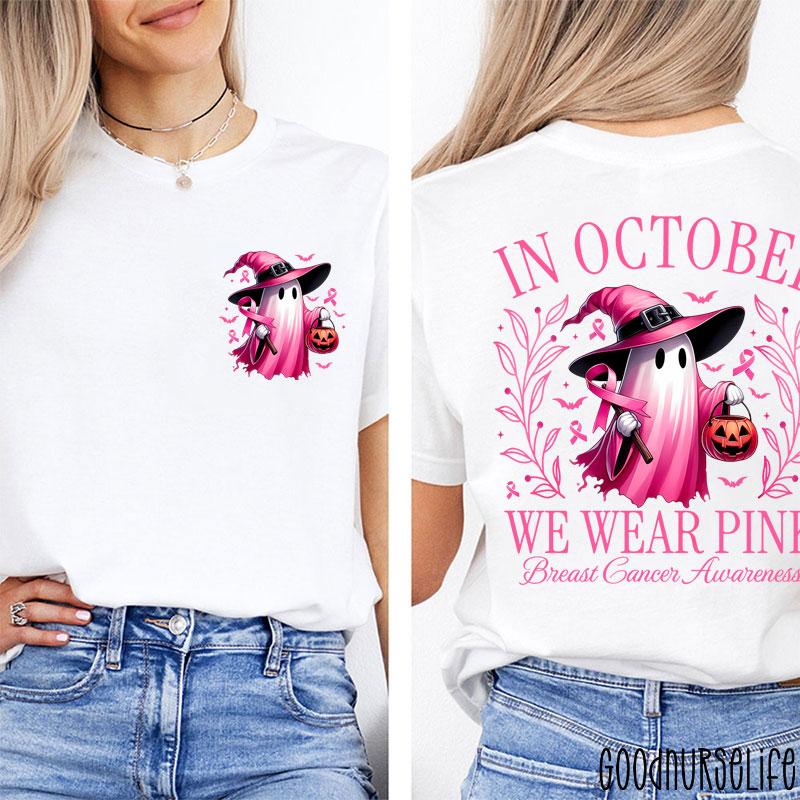 Halloween Beautifully Ghost Picture Breast Cancer Awareness Two Sided T-Shirt