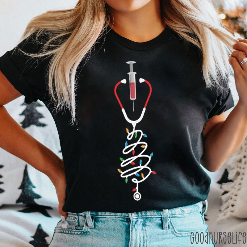 Syringes And Stethoscope Christmas Tree Christmas Nurse T-Shirt