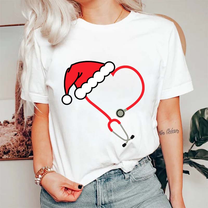 Heart Shaped Stethoscope With Santa Hat Nurse T-Shirt
