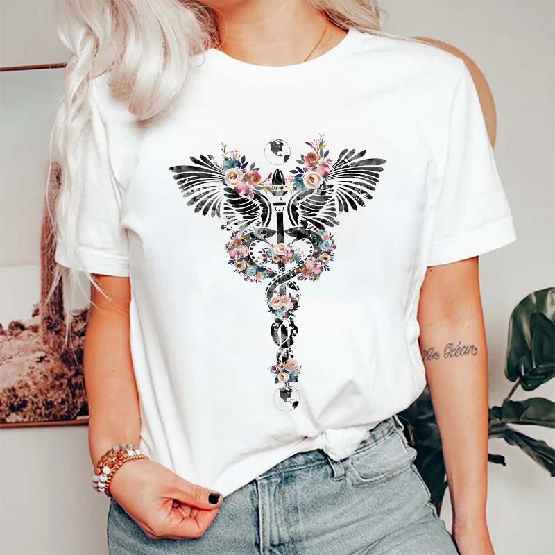Floral Rod Of Asclepius Nurse T-Shirt