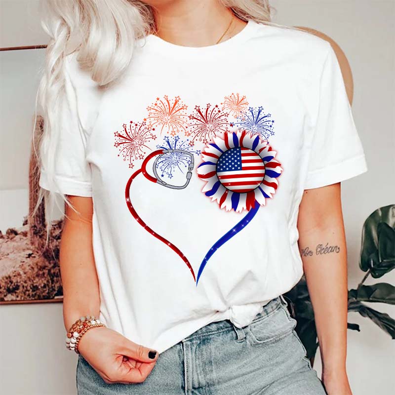 Fireworks Sunflower Stethoscope Nurse T-Shirt